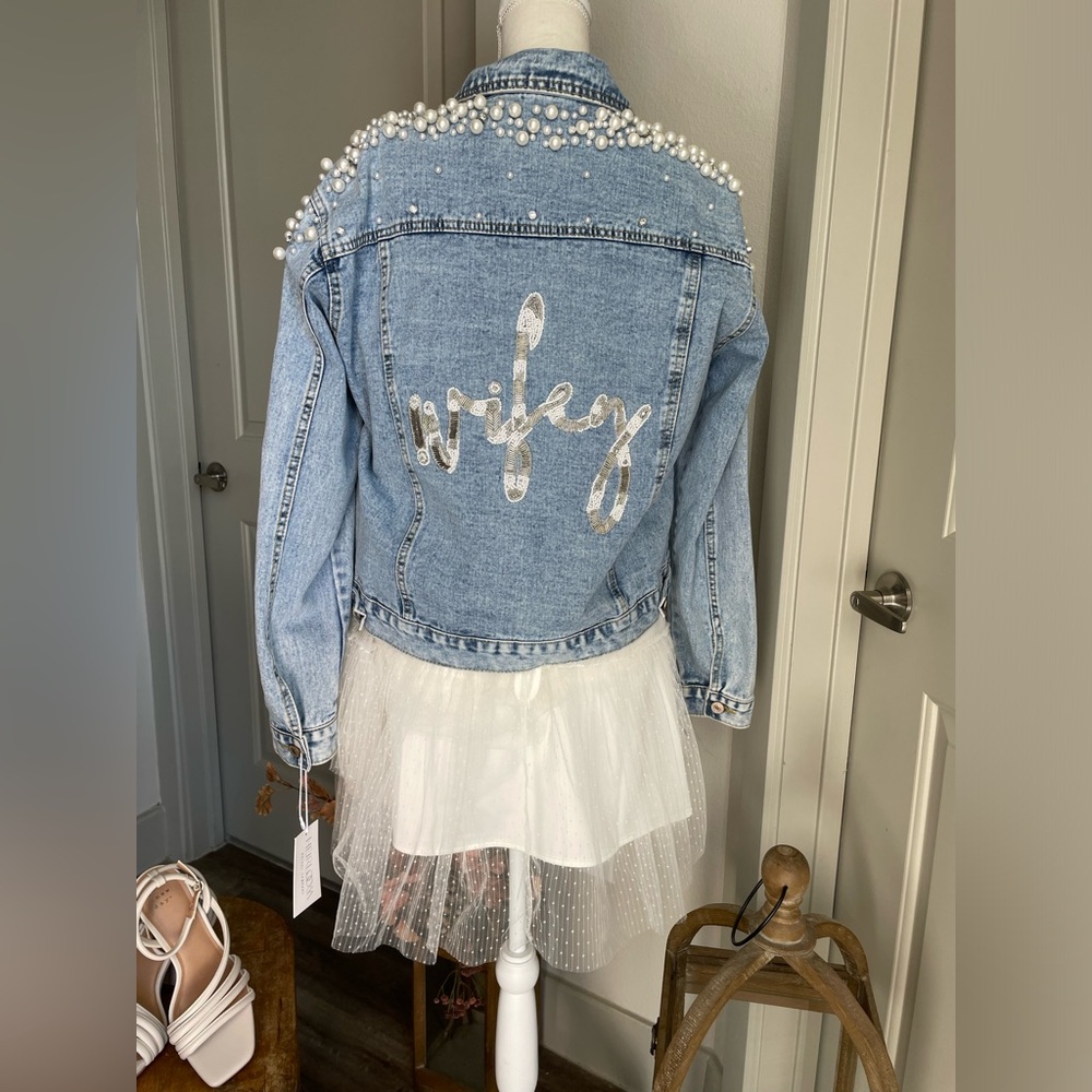 HEIRLOOM BRIDAL COMPANY DENIM JACKET WITH PEARL AND DIAMOND DETAILS